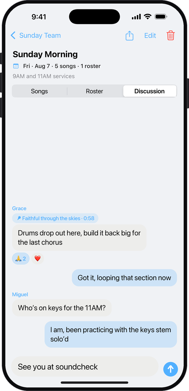 A setlist discussion: a note pinned to a moment in a song, replies and reactions
