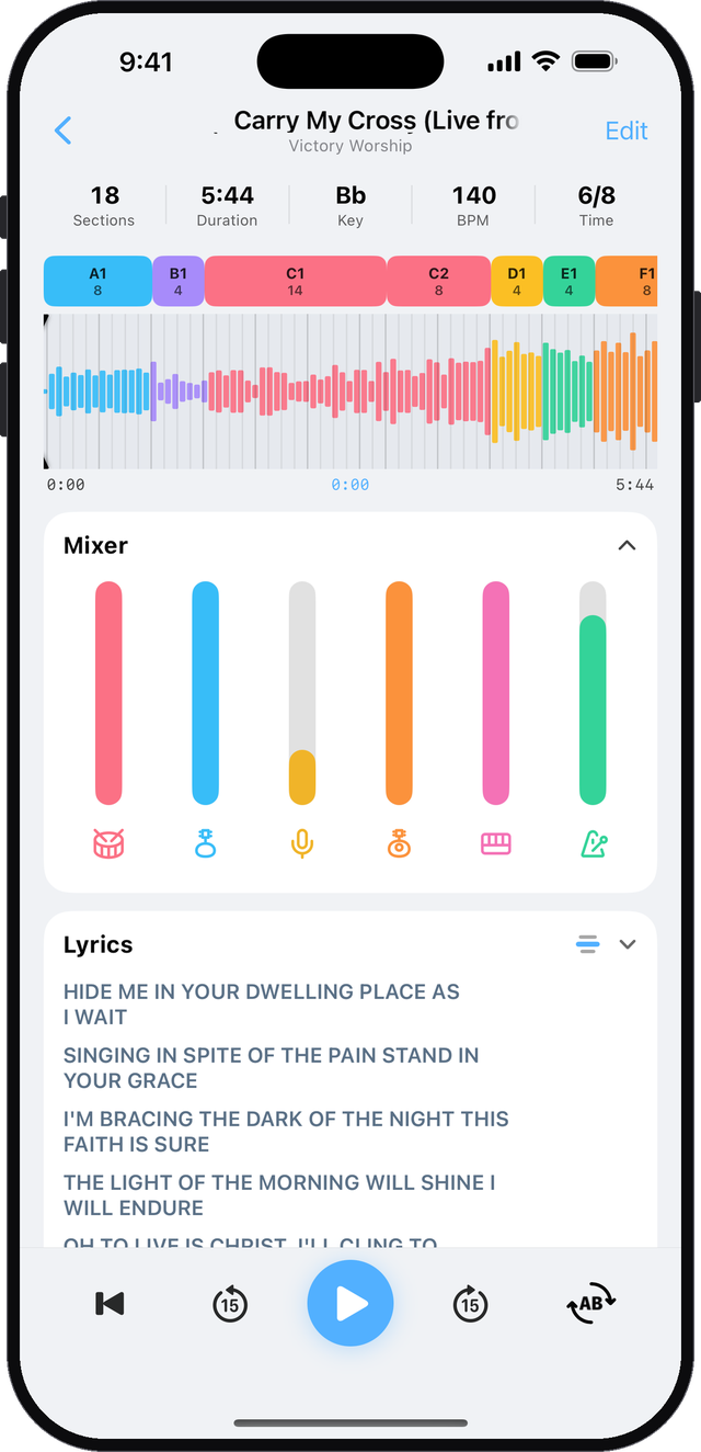 The six-part stem mixer: drums, bass, vocals, guitar, keys and the click, each on its own fader