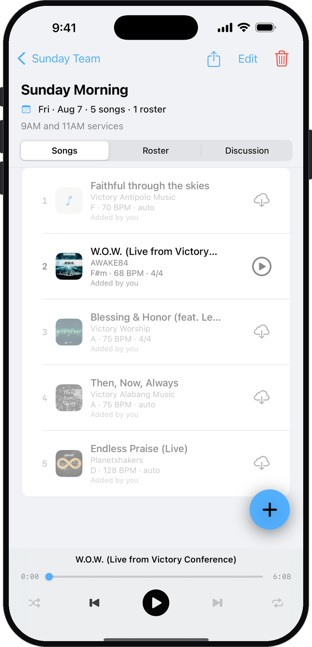 A Sunday Morning setlist with its songs, each showing key and tempo, plus Roster and Discussion tabs