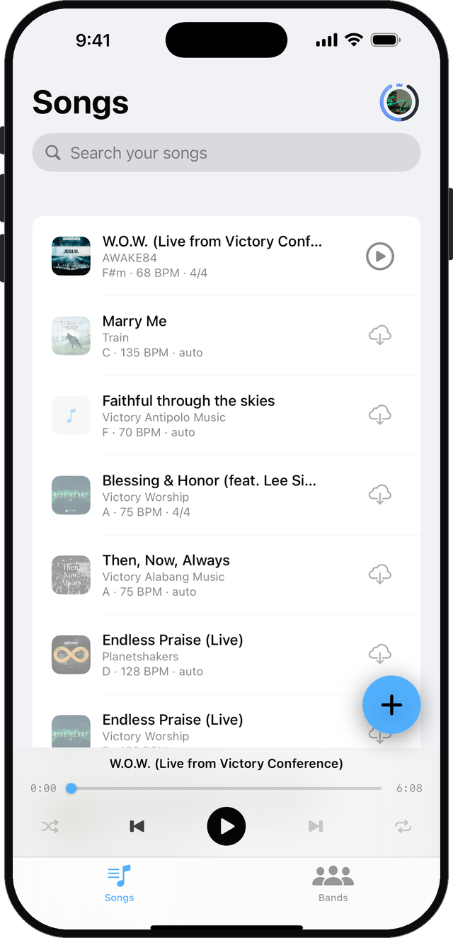 The Bandee library, showing charted songs with key, tempo and cover art